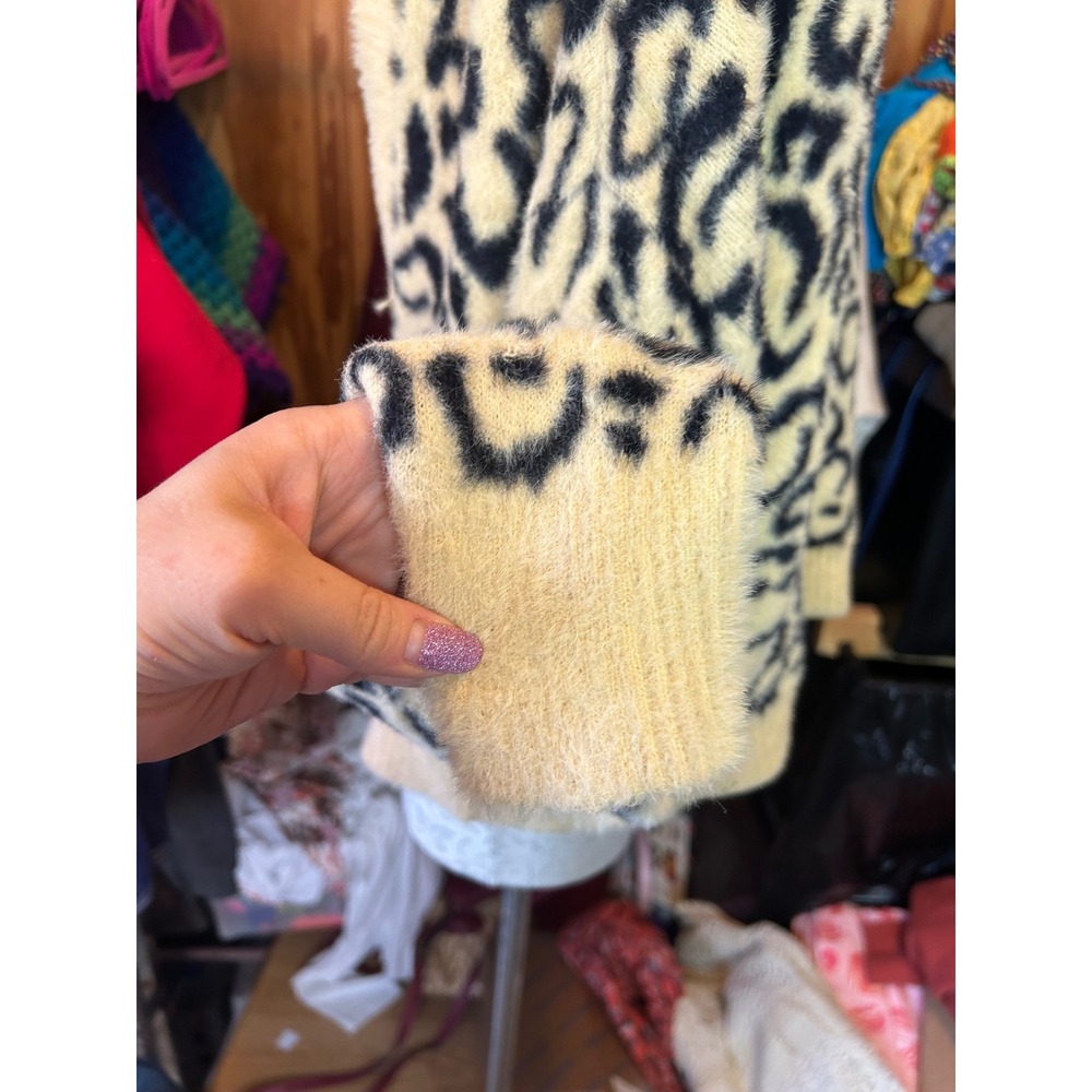 For Love & Lemons Leopard Print Fuzzy Cardigan Sweater Yellow Black Defect XL - Picture 7 of 11